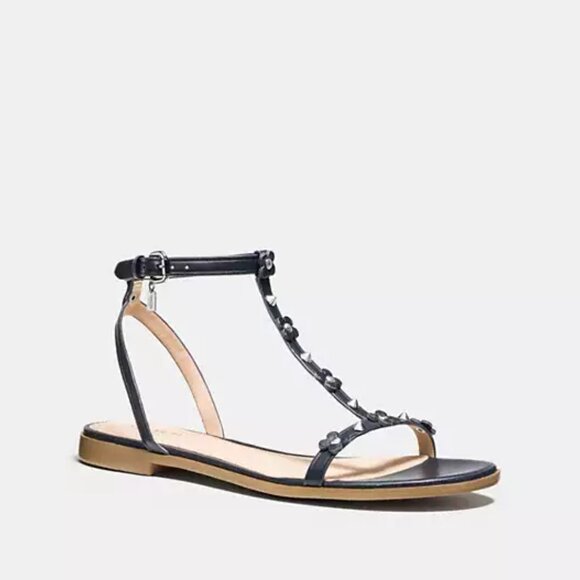 Coach Henriette Floral Rivets Flat Sandals | Navy Leather with Die-Cut Appliqués - Picture 10 of 10